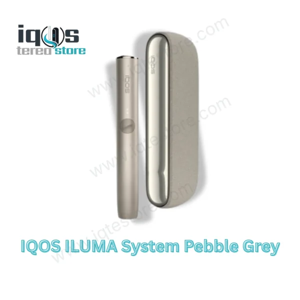 IQOS ILUMA System Pebble Grey device with matching holder and pocket charger