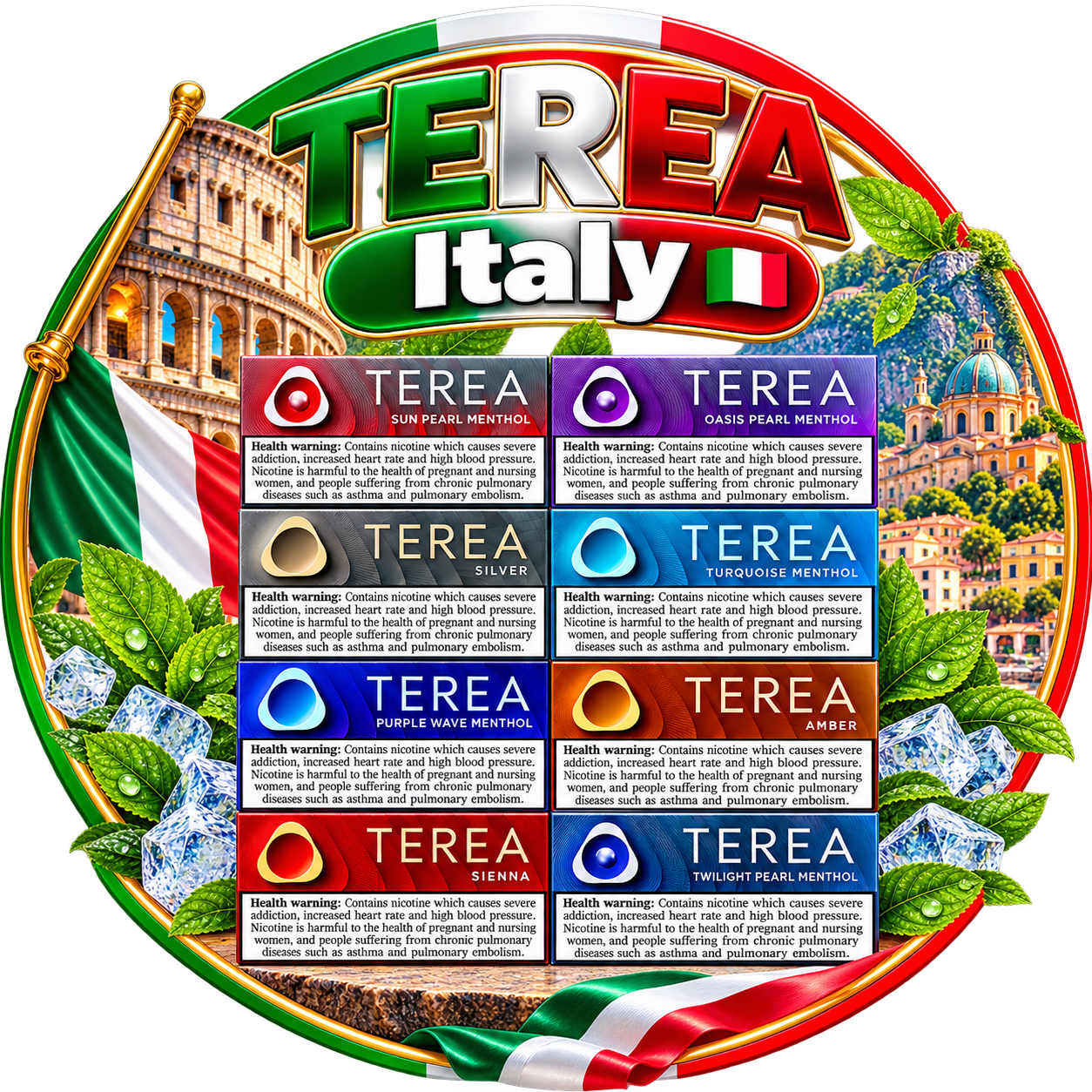TEREA Italy flavors for IQOS ILUMA including Sun Pearl Menthol, Oasis Pearl Menthol, Silver, Turquoise Menthol, Purple Wave Menthol, Amber, Sienna and Twilight Pearl Menthol
